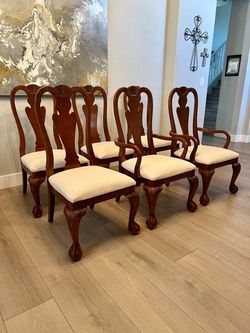 SIX Vintage Queen Anne Mahogany Dining Chairs w/ Off White Upholstery