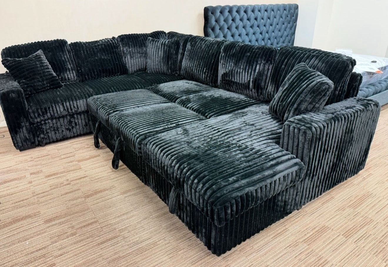 New Black Sectional W Storage & Pull Out Sofa