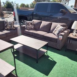 Brand New 7 Pcs Bundle Deal
Sofa, Love Seat, Sofa Table, Coffe Table, End Table & 2 Lamps
Comfort Induestries Sofa & Love Brown Fabric
$1068 + Tax

FR