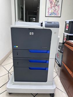HP Color LaserJet CP4025 Printer Setup - Rolling Cart, Extra Tray & Printer Base (Functions But Has Transfer Belt Imperfection)