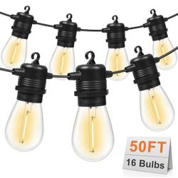 New inbox 50FT LED Outdoor String Lights with 16Shatterproof Waterproof S14Replaceable Bulbs(1Spare)2700K Commercial Grade Patio Lights, Outside Hangi