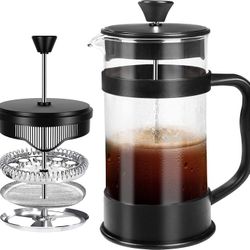 Coffee Press brews 8 cups of coffee or about 4 coffee mugs which is equal to 34 Oz, brand new $20 for 2 boxes