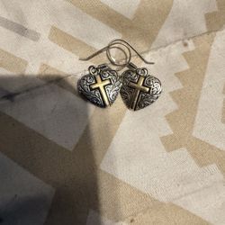 Sterling Silver Heart Shaped Earrings With Gold Cross In Middle 