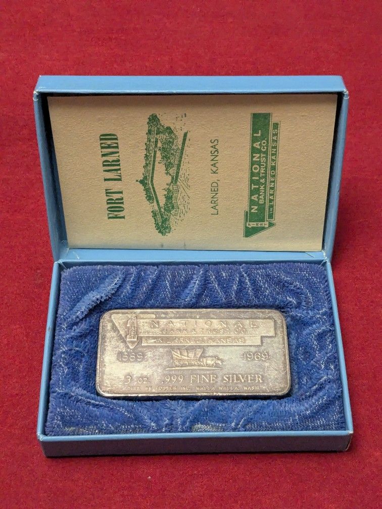 Silver .999 Bar ~ Fort Larned National Bank 3ozs. ~ Vintage Rare 1969