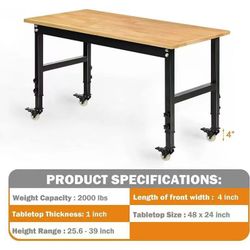 🔥ON SALE  48" Heavy-Duty Adjustable Workbench, Rubber Wood Shop Table, Metal Wheels, Workstation $110
