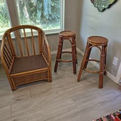 Vintage Rattan Lounge Chair And Stools