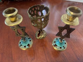 Vintage Brass Judaica Set - Star of David Candlesticks and Kiddush Cup