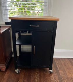 Coffee Cart / Kitchen Cart / Rollable Bar Cart with Wood Top - Black