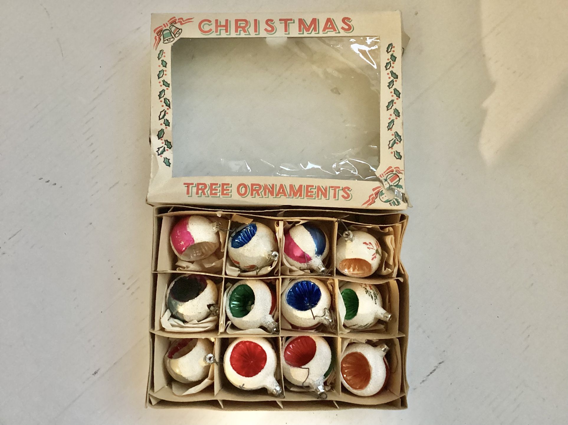 1940s-1950s Glass Christmas 12 Ornaments White Mica Snowball Deep Indentations Poland