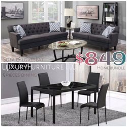 New black 5 piece dining set and sofa and loveseat
