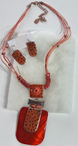 Authentic Signed "You and I" Earthy Terracotta & Coral Red Statement Necklace & Earrings Set