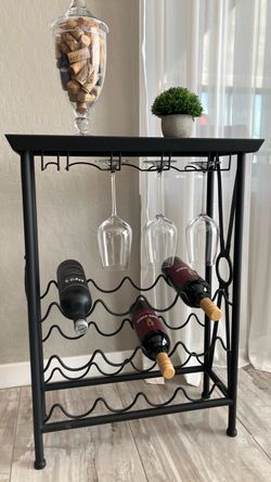 Modern Black Metal Wine Rack & Console Table with Glass Holder