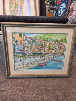 watercolor showing a Mediterranean coastal scene