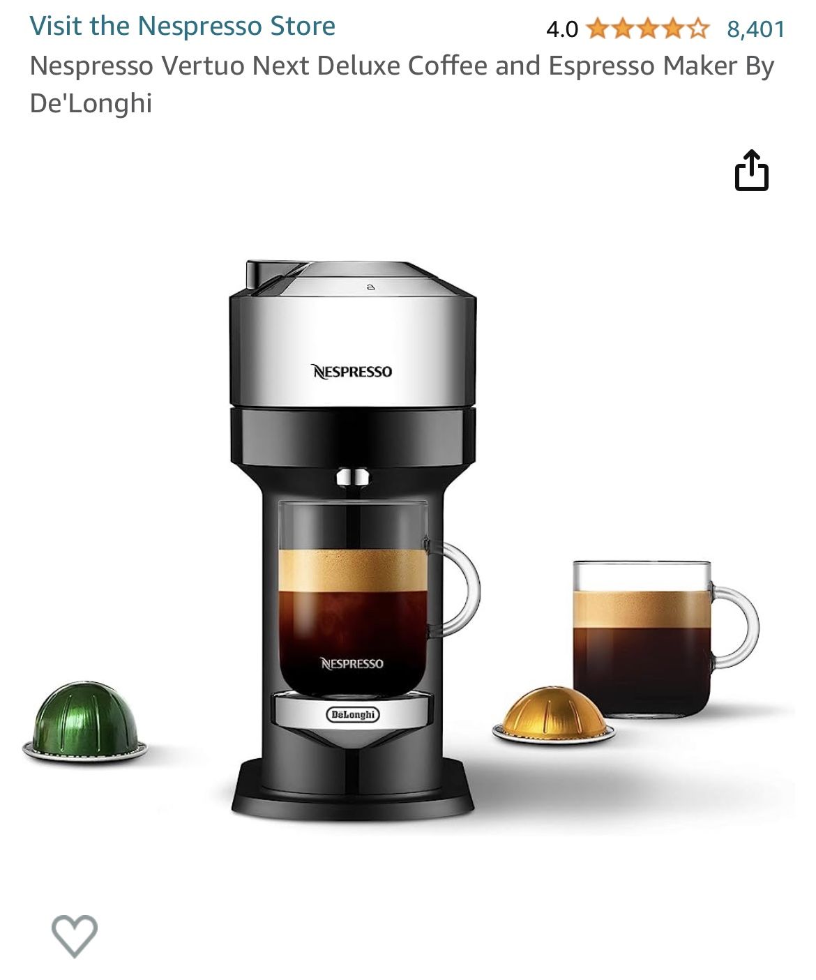 Nespresso Vertuo Next Deluxe Coffee and Espresso Maker By De'Longhi