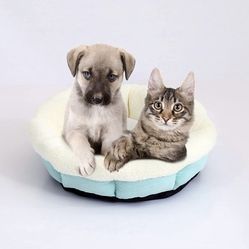 Soft Donut Pet Cat Dog Bed Winter Warm Puppy Sleeping Mat with Anti-Slip Bottom- (Blue+White)