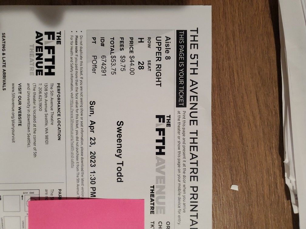 Sweeney Todd Tickets APRIL 23rd 1:30 PM Seattle 4th Ave