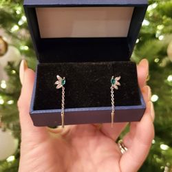 Emerald With Diamond Accent Silver Dangle Earrings