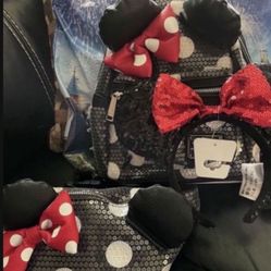 Disney Parks Black Sequin Polka Dot Mini Backpack, Disney Parks Loungefly Sequin waist bag Fanny Pack Minnie With Ears Polka Dot and Disney Parks Ear 