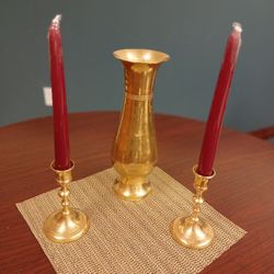 Vintage Brass Set Vase & Candle Holders Made In India