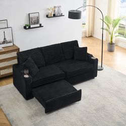 An 80-inch two-in-one pull-out, foldable and hidden chaise longue black corduroy sofa with cup holders and pillows, which is suitable for the living r