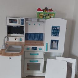Wooden Play Kitchen (2 Doors Need TLC) + Full Play Food Basket
