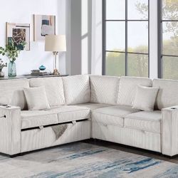 Beautiful! Ivory Corduroy Sectional Sofa With Pull-out Bed & Storage 