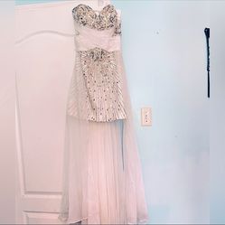 Terani Couture White & Gold Embellish Sweetheart Mini Dress High-Low Train Gown
