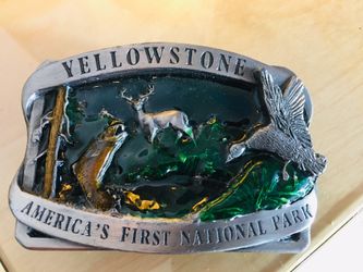 Yellowstone National Park- with White Tail Buck Deer, Trout Fish & Mallard Duck - 1984 Siskiyou Belt Buckles Co Brass/Pewter Belt Buckle