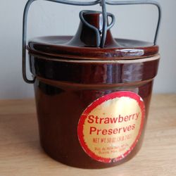 Vintage Stoneware Crock Jar Brown Glaze Clay Canning Preserve Pot Canister Locking Lid Cheese Container Food Storage