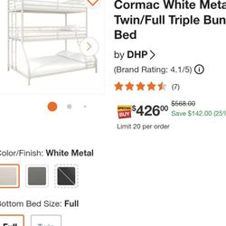 Triple Bunk Bed Twin Over Full White Metal Frame