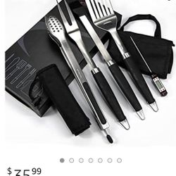 BBQ Grill Accessories,6PCS Heavy Duty BBQ Grilling Tools Set with 18 Inch Extra Thick Stainless Steel Spatula, Fork, Basting Brush, Tongs, Thermometer