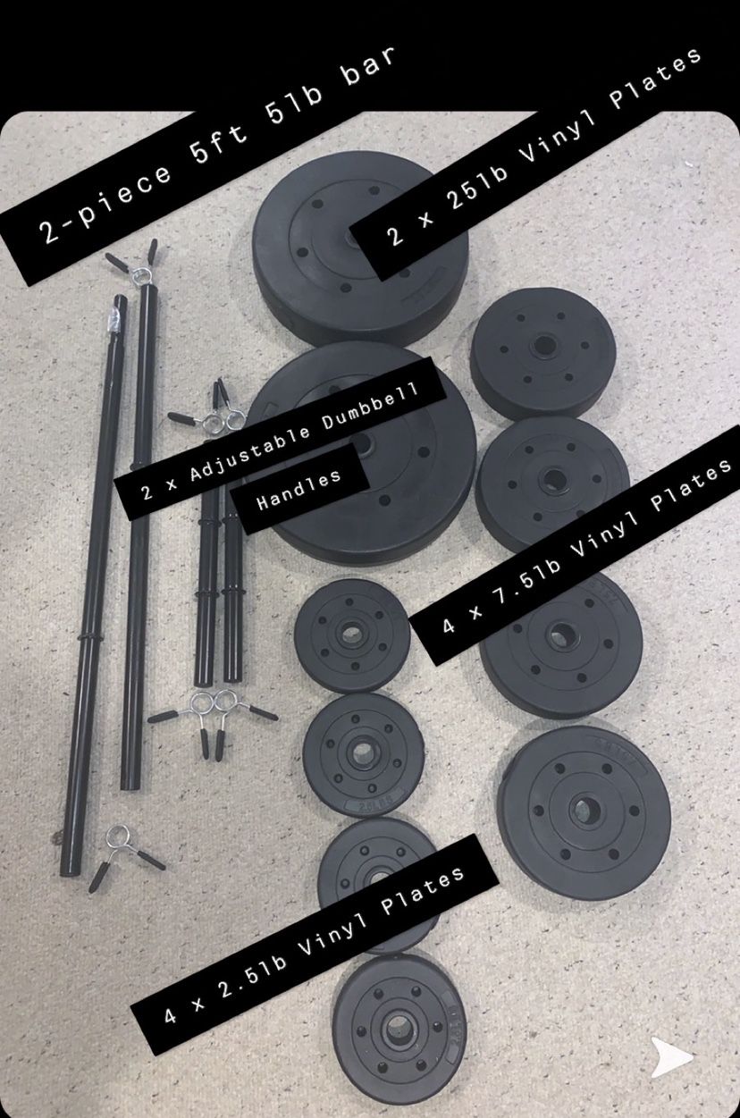 Standard 1” Vinyl Weight Set (95Lb Total) Barbell + Dumbbell Pair (New) See Other Pictures & Description for More Details!