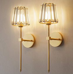 Crystal Battery Operated Wall Sconces Set of 2, Gold Rechargeable Wireless