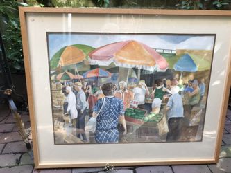 Watercolor market scene Singned