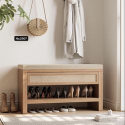 32” Shoe Bench with Storage Drawer, Farmhouse Entryway Bench with Linen Seat Cushion, Wooden Shoe Rack with Shelf for Entryway Hallway Living Room Bed