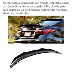 Rear spoiler compatible with 2014-2024 Infiniti Q50, carbon fiber pattern, PSM style, duckbill for 2014-2024 4-door sedan, trunk exterior, high-kick s
