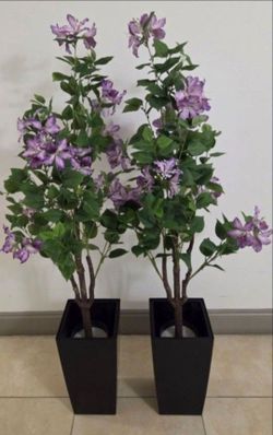 *** JUST REDUCED *** PAIR of 50" Faux Purple Hibiscuses in 16" Black Planters (2 for $90) @ Lasting Creations
