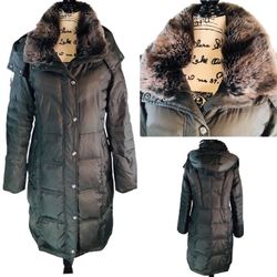 LONDON FOG - Knee-Length Down Puffer Jacket w/ Removable Hood & Faux Fur Trim M