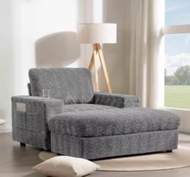 Polibi Gray Faux Fur Arm Chair with Storage Ottoman, Armrests, Cup Holders and Upholstered Sleeper Chair