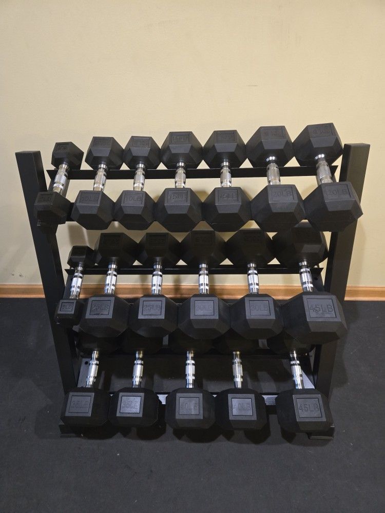 Brand New 5lb Thru 45lb Rubber Hex Dumbbell Set With Rack