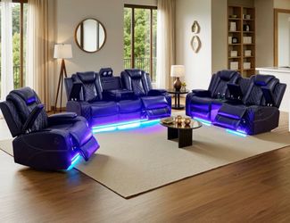 Power electric black leather fully reclining three piece couch set