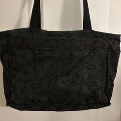 Black Sportsac Satchel Style Bag With Black Embroidered Leaves Design