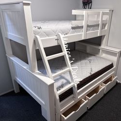 Solid Wood Twin/Full Bunk Bed With 3 Drawers And Both Mattresses $1,080