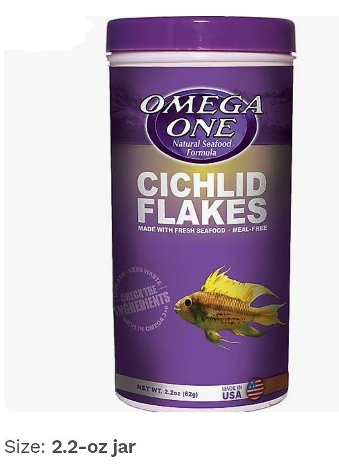 Omega One Cichlid Fish Flakes Natural Seafood Formula 2.2oz.