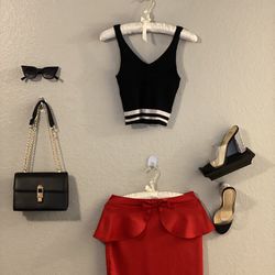 Forever 21 Knit Low-Cut Crop Tank | Red Mini Peplum Skirt W/ Bow Detail