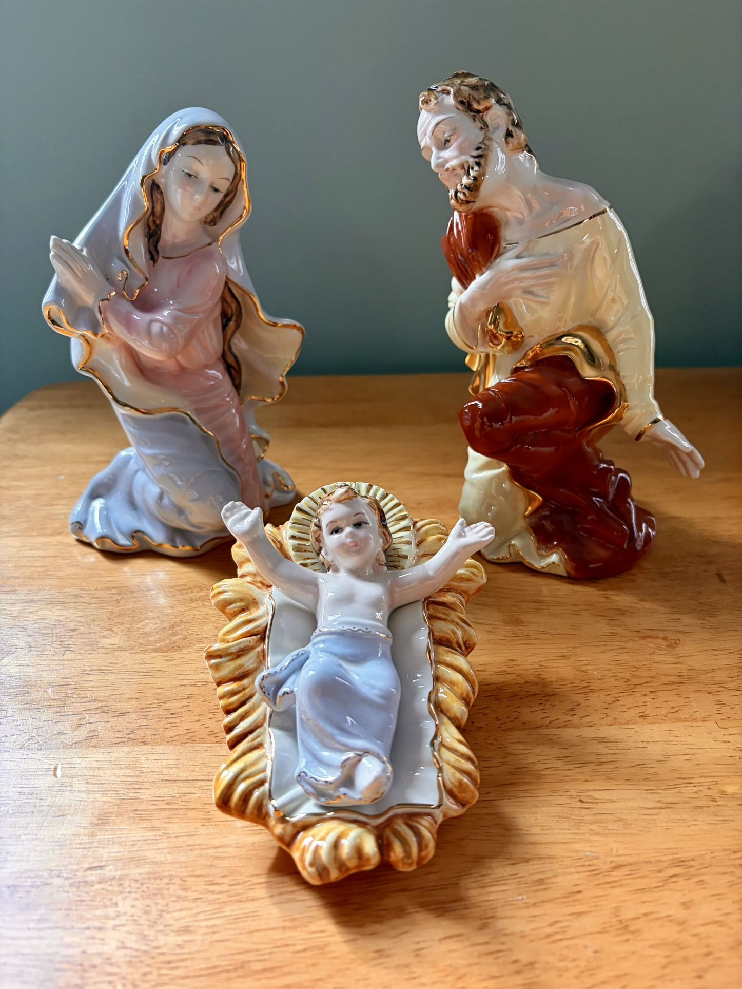 The Holy Family Italian Porcelain Hand Painted Gilded Virgin Mary, Saint Joseph and Child Jesus Set of 3 Figurines