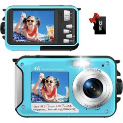 4K Underwater Camera 56MP Autofocus 16FT Waterproof Camera Dual-Screen Selfie 16X Underwater Camera for Snorkeling Waterproof Compact Floatable Digita