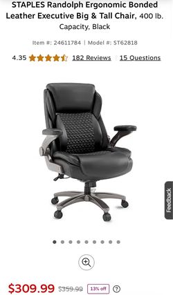 STAPLES Randolph Ergonomic Bonded Leather Executive Big & Tall Chair, 400 lb. Capacity, Black