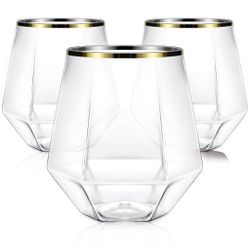 40 Pcak Plastic Stemless Wine cocktail Whiskey Champagne Glasses, 12 Oz Gold Rim Disposable Clear Unbreakable Cups for Party Bars Wedding Tasting (Dia