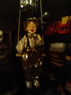 Vintage Colorful Porcelain and Sun & Moons Cloth Clown Doll Gold on Wooden Swing